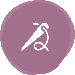 A purple circle with a bird and scissors in it.