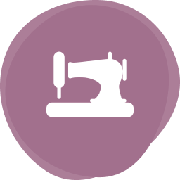 A sewing machine is shown on a purple circle.